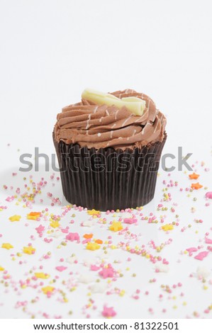 A single chocolate cup cake in dark brown cup cake case surrounded by cake decorations on a white background