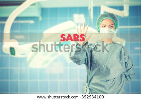 scientist in safety suit warn with word SARS vintage color