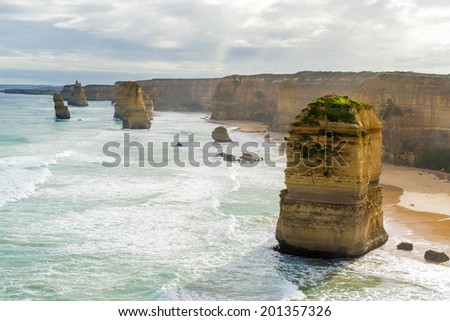 The twelve apostles rock formation along the Great Ocean Rock.  One of Australia\'s famous natural landmarks.