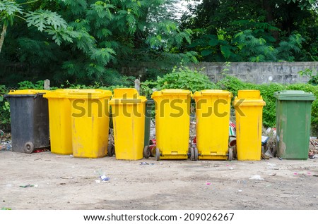 Yellow, green bins , Recycling bins , Public trash , Trash under the tree
