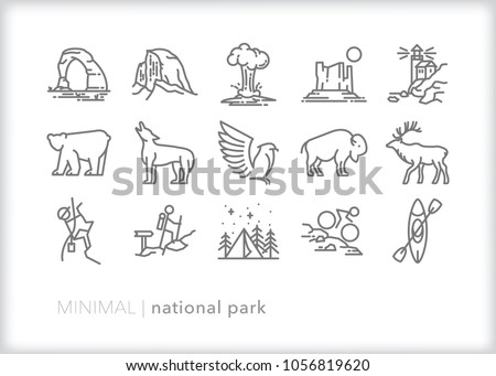 Set of 15 minimal national park icons showing places, animals and recreation visitors can do on vacation including hiking, climbing, kayaking and camping with wildlife