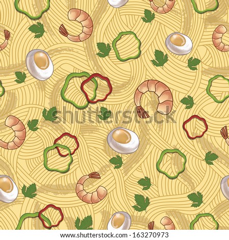 seamless pattern, spaghetti with shrimp, mussels, green and red bell pepper and celery, Italian pasta