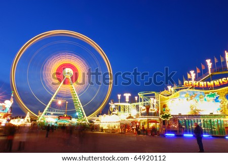 Amusement Park, Ferris Wheel, colorful composition, blue sky at dawn, Fruhlingsfest, Oktoberfest
