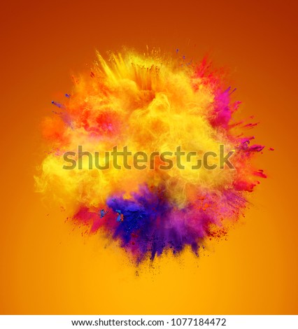 Explosion of yellow, red and blue powder. Freeze motion of color powder exploding. 3D illustration