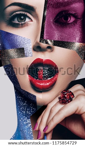 Cosmetics, make up, idea. Composition of women portraits with bead in mouth and body art