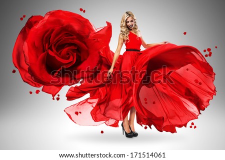 Smiling Woman In Large Flying Rose Dress