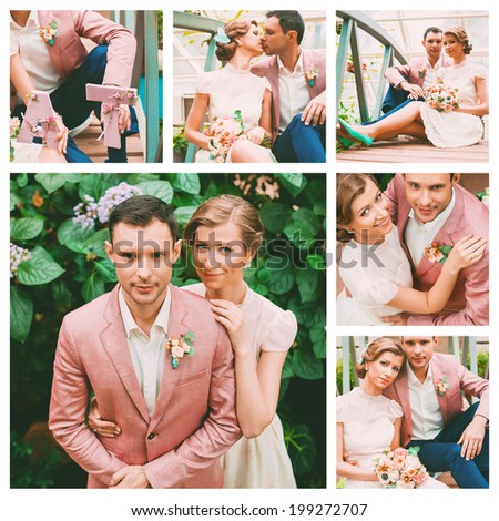 collage of happy tender pastel wedding