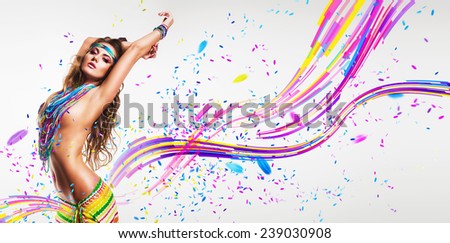 belly dancer in colourful nacklace and lines in studio