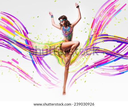 dancing woman in colourful lines and petals in studio