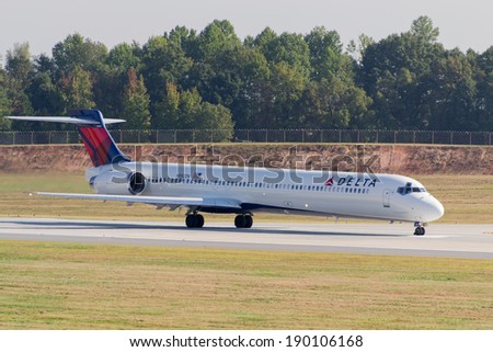 Charlotte, North Carolina, USA - October 3, 2013, A Delta Air Lines MD-90-30 airliner departing from Charlotte Douglas International Airport