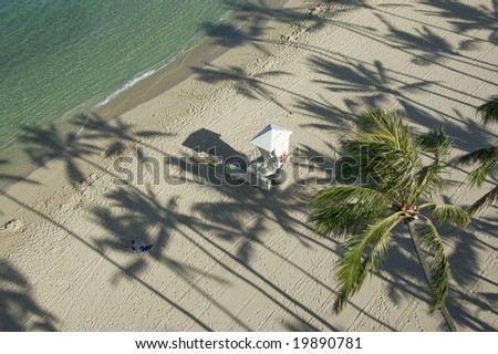 Palm tree shadows and lifeguard hut.