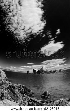 Mono Lake in Black and White, super wide angle and dramatic sky.