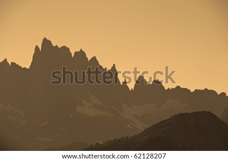 Minaret Mountains near Mammoth Lakes in the evening. Orange color cast.