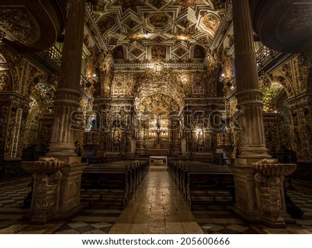 Salvador, Bahia, Brazil - July 9, 2014: The 17th Century Sao Francisco Church in Salvador da Bahia, Brazil, one of the finest examples of Baroque architecture and gilt woodwork in the world.