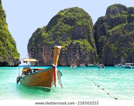 Longtail boat in Maya Bay, Ko Phi Phi island, Thailand.