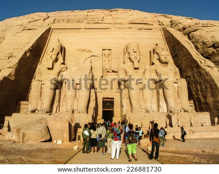 Nubia, Egypt - February 29, 2008: Tourists at the great temple of Abu Simbel in Nubia, southern Egypt, near the border with Sudan.