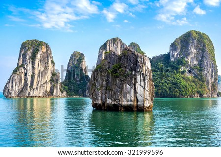 Beautiful limestone mountain scenery at Halong Bay, North Vietnam.