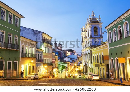 Colorful colonial houses at the historic district of Pelourinho at twilight in Salvador da Bahia, Brazil.