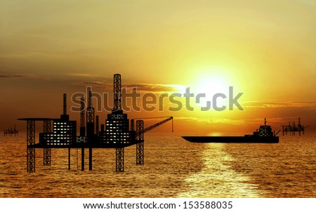 oil platform and oil tanker on sunset