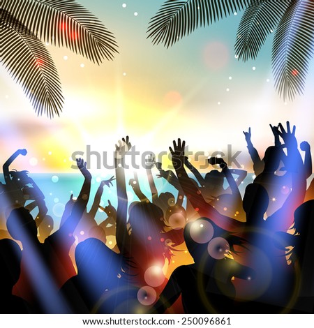 Summer Beach party WITH dance silhouettes and sunset - vector