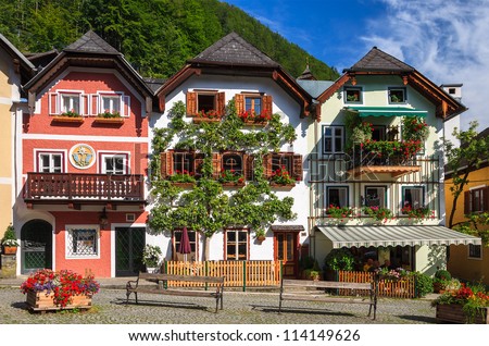 austria houses alpine village traditional flowers hallstatt decorated colorful architecture thejigsawpuzzles shutterstock puzzle street austrian jigsaw display fictional skyrim wars