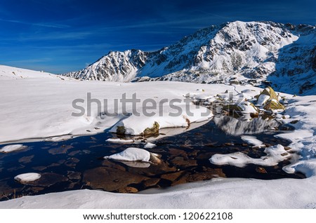 Rocks in water in winter landscape of 5 lakes valley, Tatra Mountains, Poland