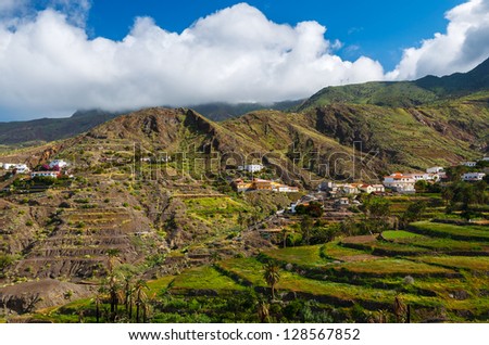 Valley mountains palm trees white clouds blue sky, near Alojera village, La Gomera, Canary Islands
