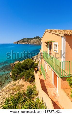 Apartment house view bay beach mountains, Camp de Mar, Majorca island, Spain