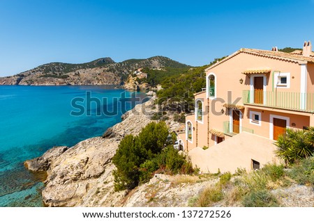View coast sea apartment house sunny day, Camp de Mar, Majorca island, Spain