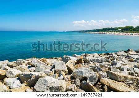 Coast stone wave breakers bay beach view, Ustka, Baltic Sea, Poland
