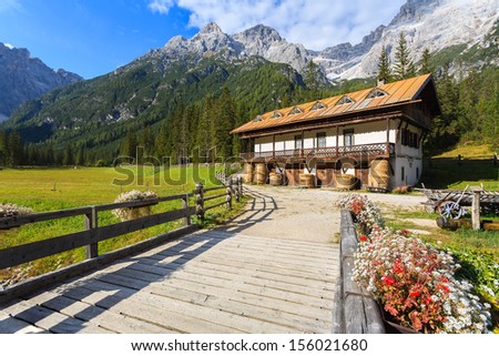 Wooden bridge flowers stable building in the background and green pasture mountain valley, Fischleintal, Val Fiscalina Pustertal, Sudtirol, Italy