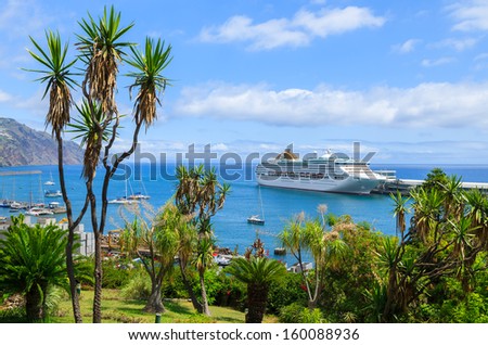 Funchal Port, Portugal - August 24: Cruise Ship Anchored Off The Coast Of Madeira Island On August 24, 2013 In Funchal Harbour Seen From City Park With Palm Trees In Foreground.