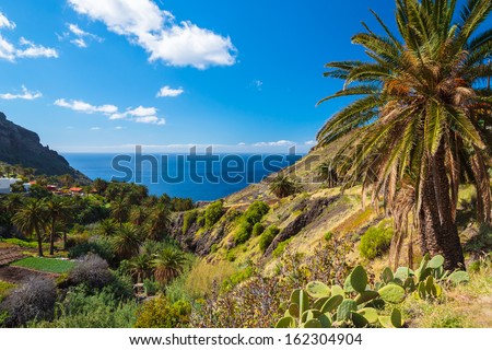 View mountain valley ocean clouds blue sky, Alojera, La Gomera, Canary Islands