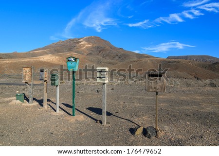 Postal mailboxes in remotely located town of La Pared on western coast of Fuerteventura, Canary Islands, Spain