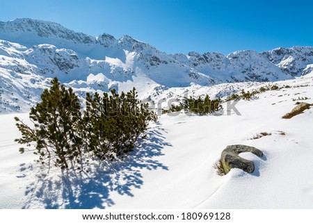 Alpine trail from 5 lakes valley to Kozi Wierch peak in winter season, High Tatra Mountains, Poland