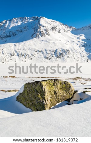Rock in fresh snow in winter landscape of 5 lakes valley, High Tatra Mountains, Poland