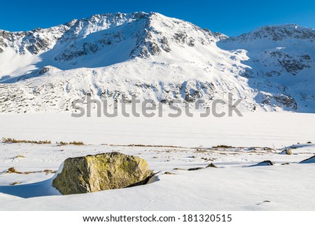 Rock in fresh snow in winter landscape of 5 lakes valley, High Tatra Mountains, Poland