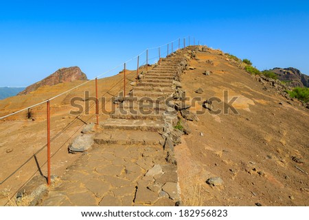 Stone steps on trekking trail to Pico Ruivo, highest peak on Madeira island, Portugal
