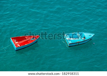 Two fishing boats (red and blue) on sea water near Camara de Lobos town, Madeira island, Portugal