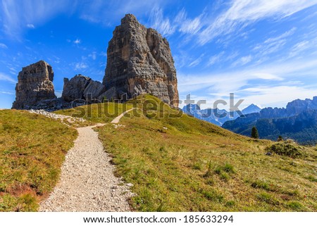 Mountain trail path to Cinque Torri rock formation, Cortina d\'Ampezzo, The Dolomites Monuntains, Italy