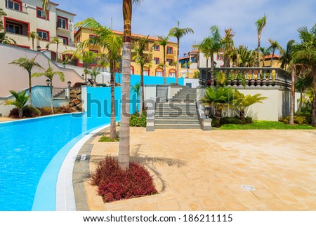 MADEIRA, PORTUGAL - AUG 27: Swimming pool in luxury hotel on coast of Atlantic Ocean on 27th Aug 2013, Madeira island, Portugal