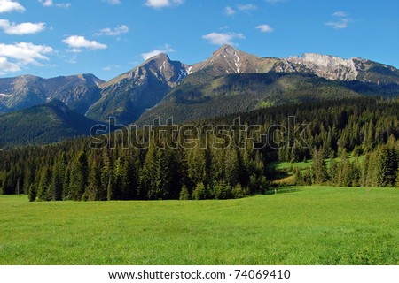 View of mountain peaks in spring time in High Tatras
