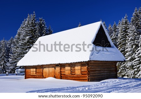 A mountain wooden hut covered with fresh snow  in Chocholowska valley - Tatra Mountains