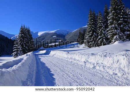 Winter road with snow in Chocholowska valley - Tatra Mountains