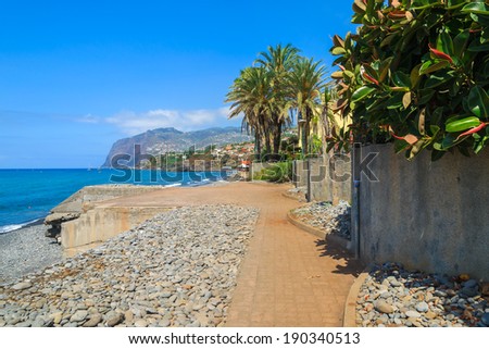 Coastal promenade and Cabo Girao cliff ocean view, Camara de Lobos town near Funchal, Madeira island, Portugal