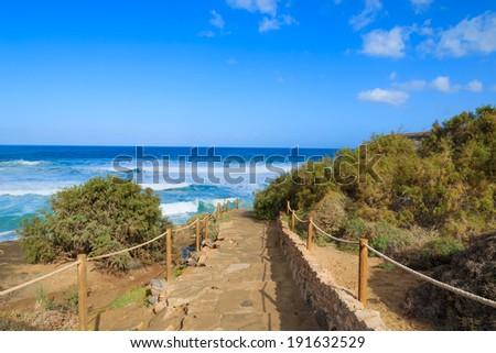 Path to La Pared beach and beautiful bay on western coast of Fuerteventura, Canary Islands, Spain