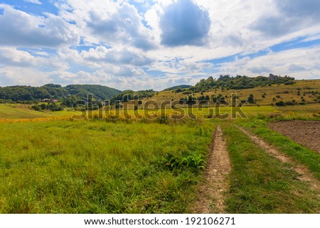 Rural road in farming landscape in Jerzmanowice village near Krakow, Poland