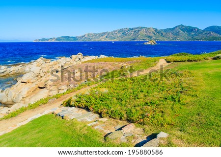 Path to beach on coast of Cala Caterina bay, Sardinia island, Italy