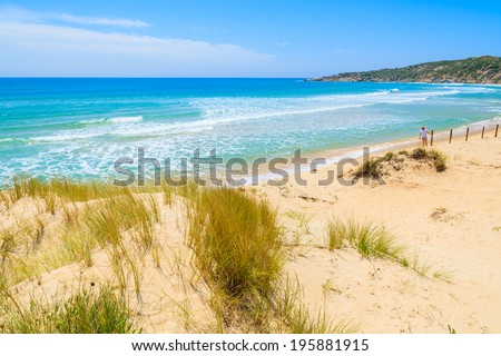 Grass on sand dune at Chia beach and young woman standing in the distance against a fence, Sardinia island, Italy