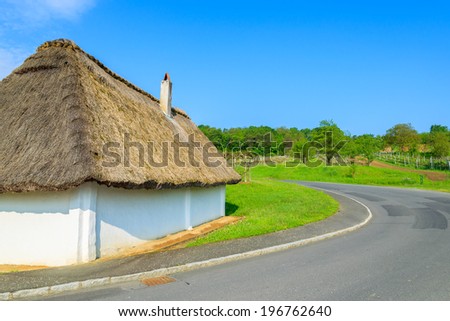White cottage with thatched roof along a rural road, Burgenland, southern Austria